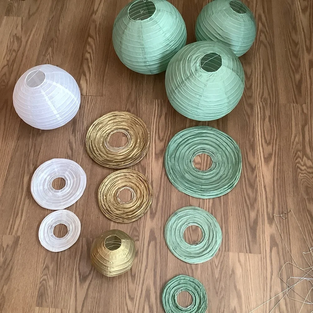 12PCS Green, Gold, White Paper Lanterns for Weddings & Parties 12”, 10”, 4”